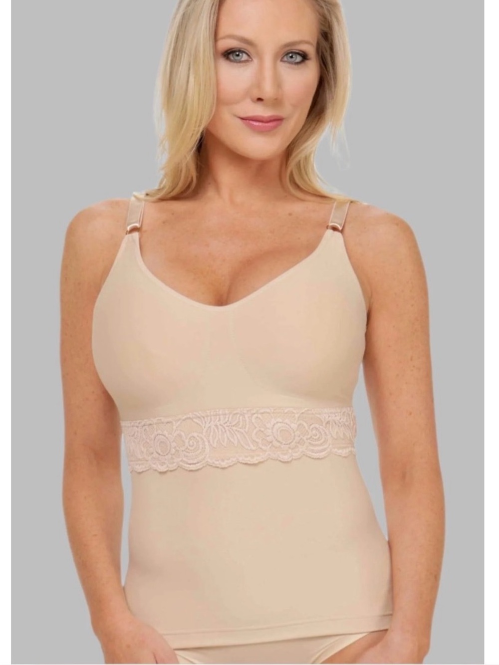 Shapeez Comfeez Long Wirefree Cami Bra Top Shapewear Nude Lace Large 36DD - 38D